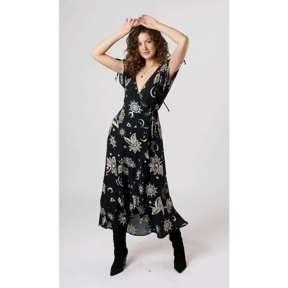 band of gypsies black dress Vintage Women's Black & White Dots Fabric BAND OF GYPSIES Casual Summer Dress Size L